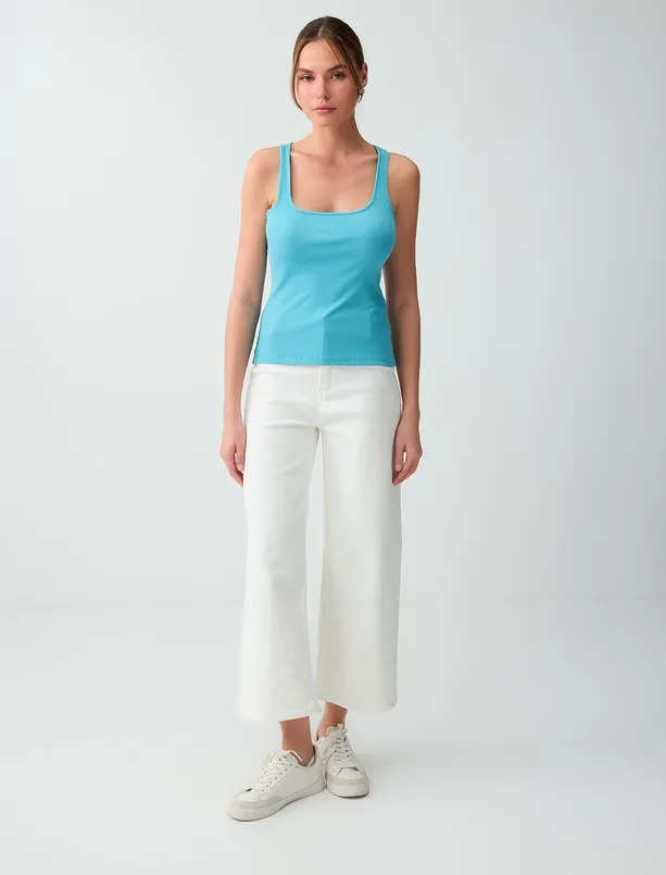 Bayan Turkuaz Dar Kesim Kare Yaka Örme Atlet