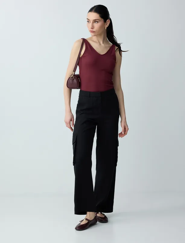 Bayan Bordo Dar Kesim V Yaka Basic Örme Atlet