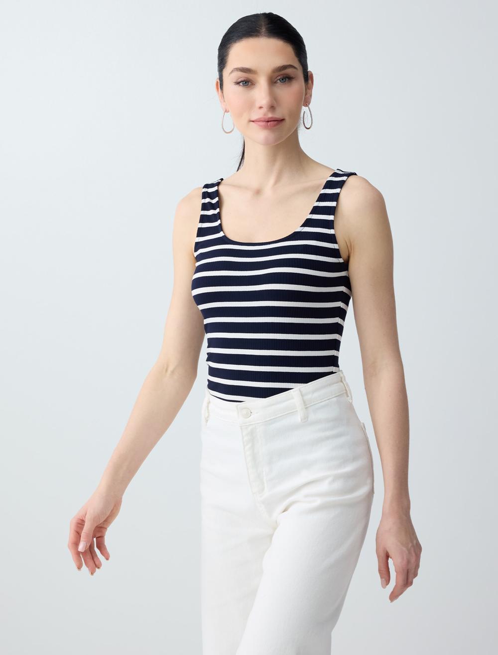 Dar Kesim U Yaka Çizgili Örme Atlet