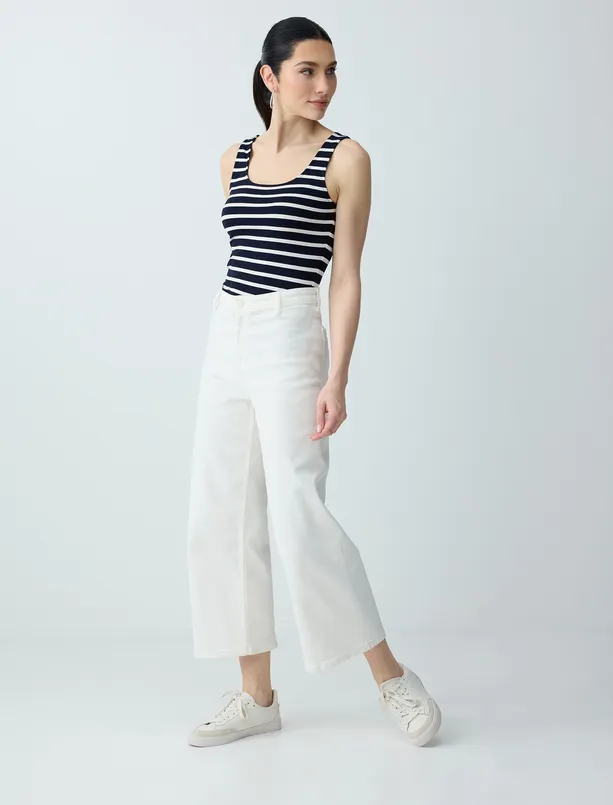 Bayan Lacivert Dar Kesim U Yaka Çizgili Örme Atlet