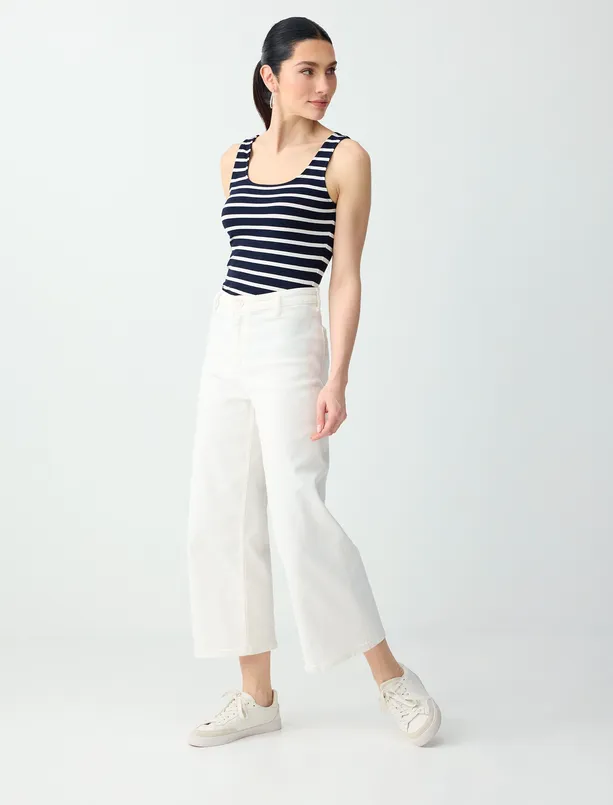 Women Dark Blue Slim Fit U-Neck Striped Knitted Tank Top