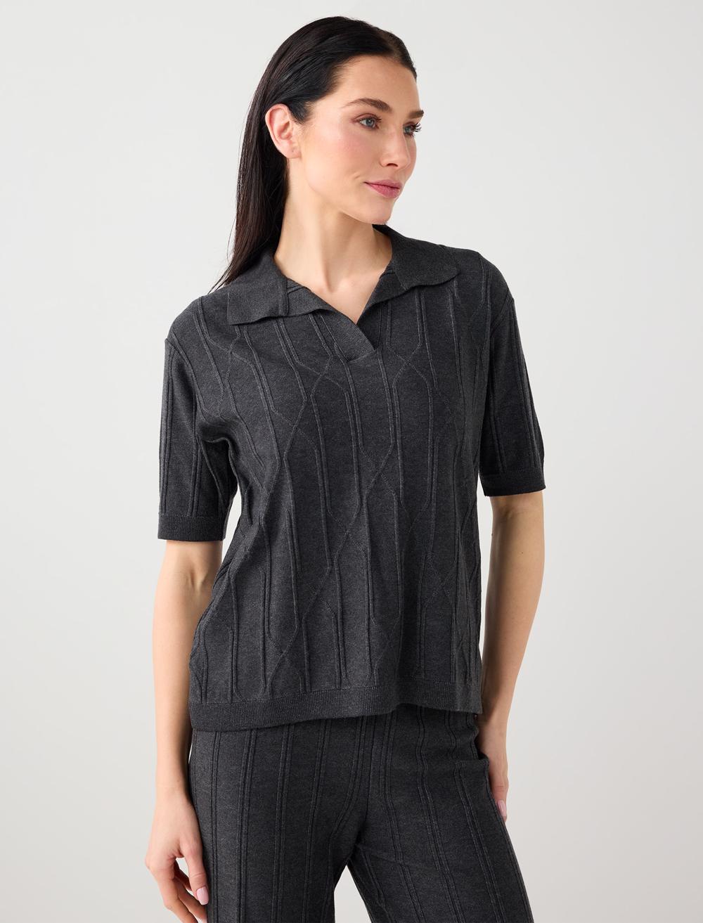 Gömlek Yaka Çizgi Desenli Triko Bluz