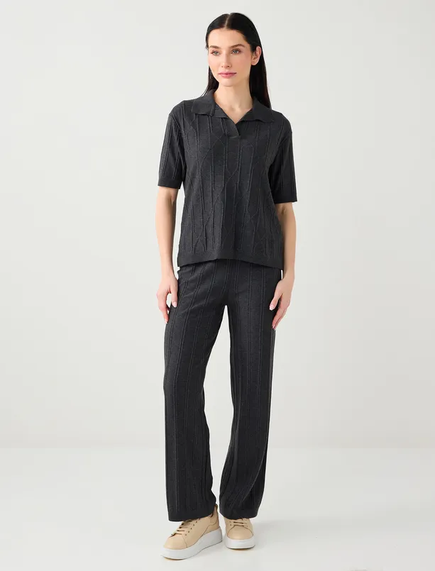 Bayan Antrasit Gömlek Yaka Çizgi Desenli Triko Bluz