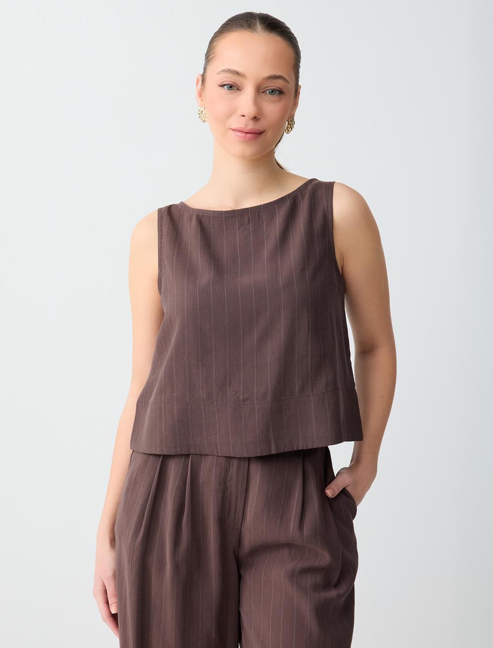 Kayık Yaka Kolsuz Çizgili Modal Dokuma Bluz