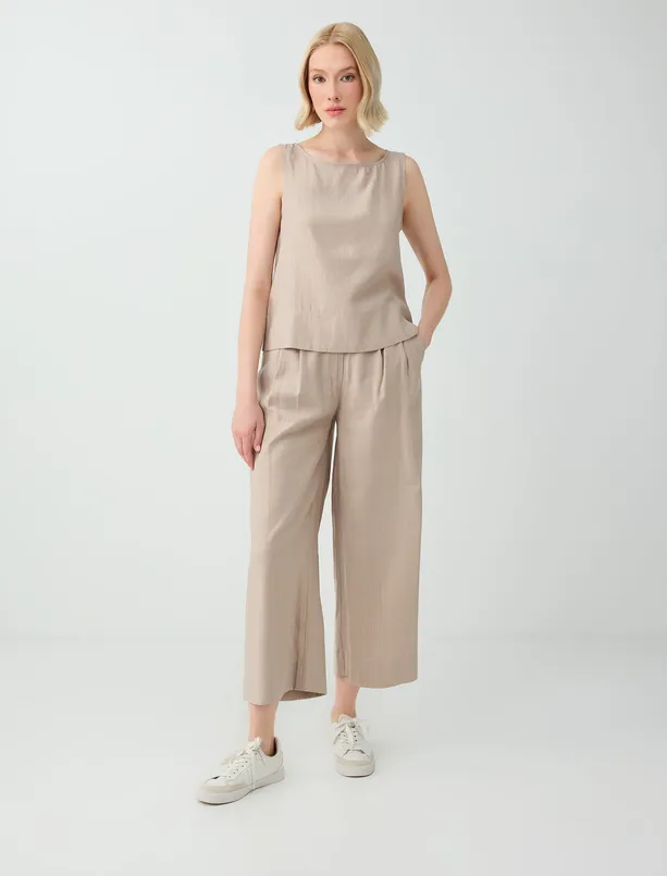 Bayan  Kayık Yaka Kolsuz Çizgili Modal Dokuma Bluz