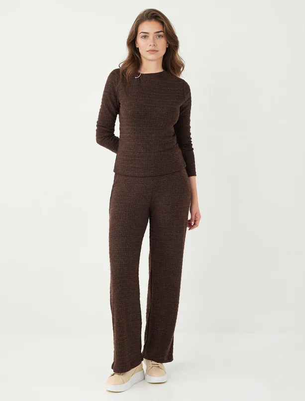 Bayan Kahverengi Yuvaralak Yaka Uzun Kollu Metal Detaylı Bluz