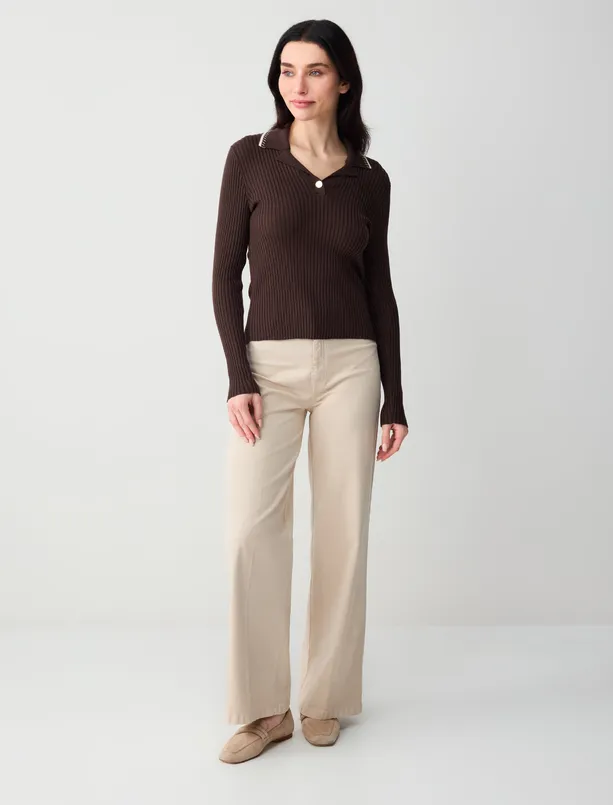 Bayan Kahverengi Uzun Kollu Gömlek Yaka Triko Bluz