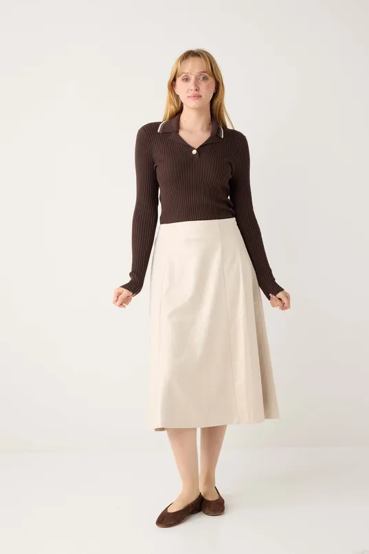 Bayan  Uzun Kollu Gömlek Yaka Triko Bluz