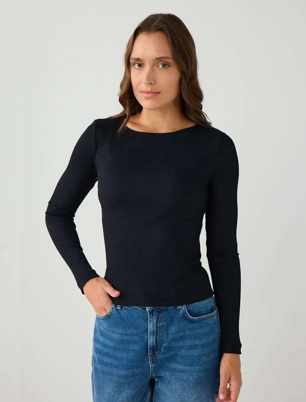 Bayan  Dar Kesim Uzun Kollu Kayık Yaka Örme Bluz