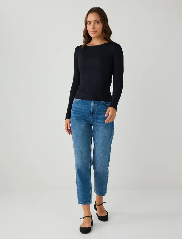 Bayan Siyah Dar Kesim Uzun Kollu Kayık Yaka Örme Bluz