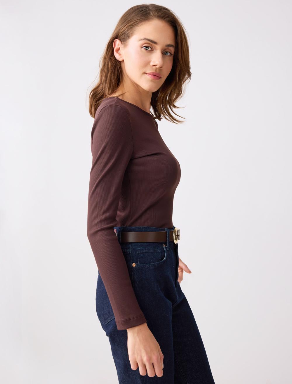 Dar Kesim Uzun Kollu Kayık Yaka Örme Bluz