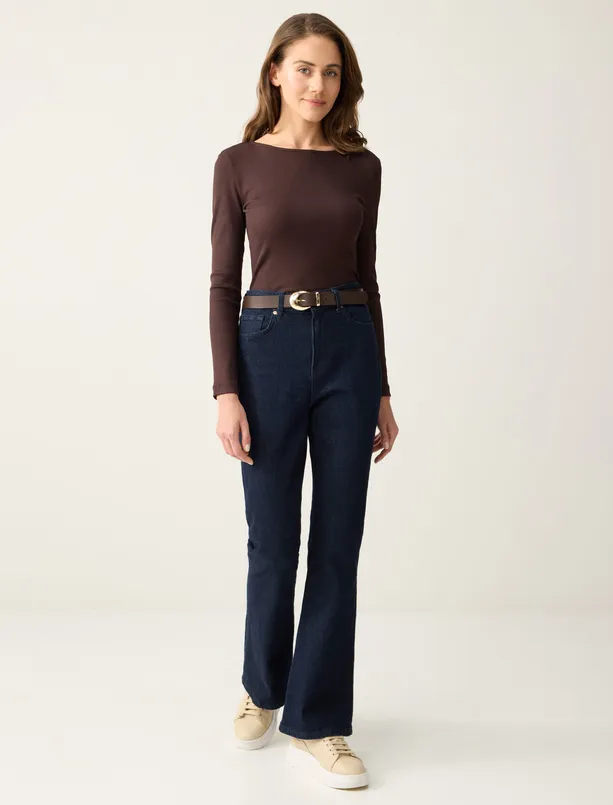 Women Brown Slim Fit Long Sleeve Boat Neck Knitted Blouse