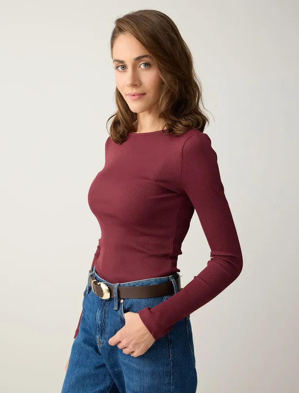 Bayan  Dar Kesim Uzun Kollu Kayık Yaka Örme Bluz