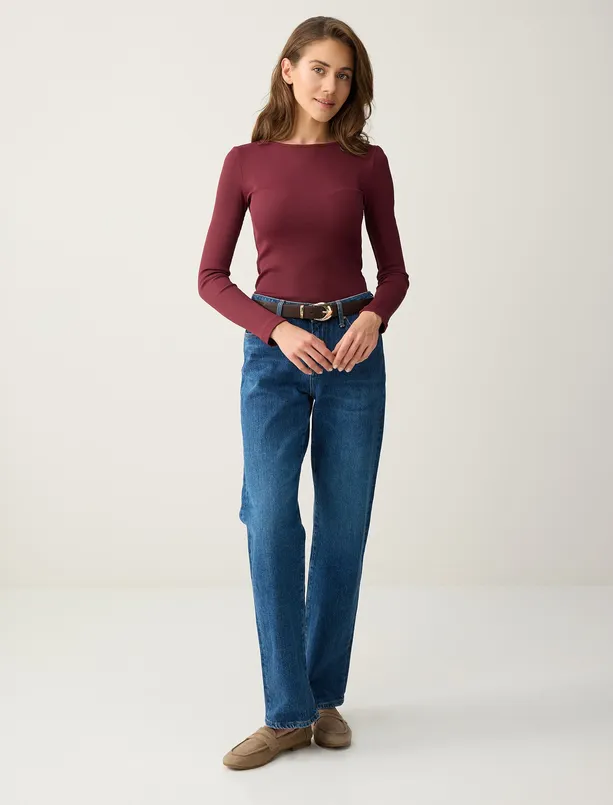 Bayan Bordo Dar Kesim Uzun Kollu Kayık Yaka Örme Bluz