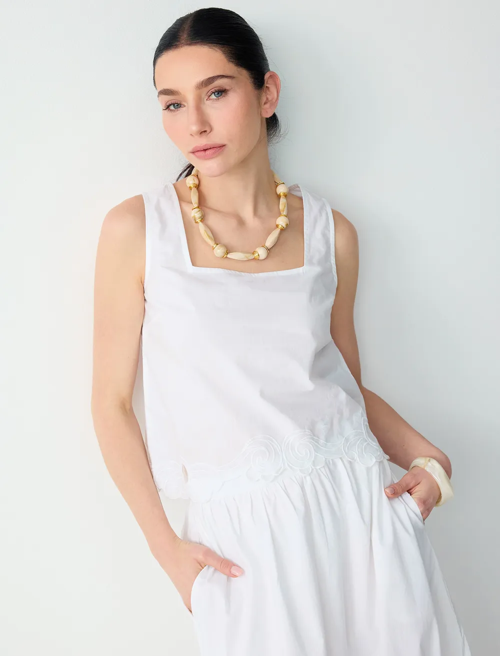 100% Cotton Straps Square Neck Embroidered Woven Blouse