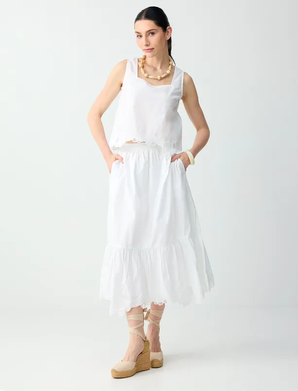 Women White 100% Cotton Straps Square Neck Embroidered Woven Blouse