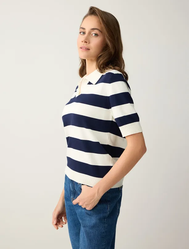 Bayan Ekru Gömlek Yaka Kısa Kollu Çizgili Triko Bluz