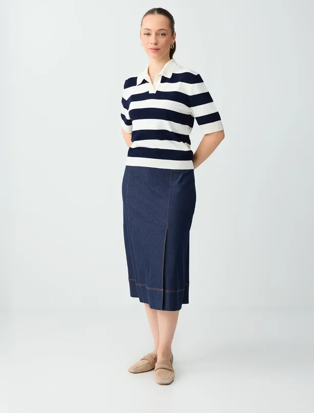 Bayan Ekru Gömlek Yaka Kısa Kollu Çizgili Triko Bluz