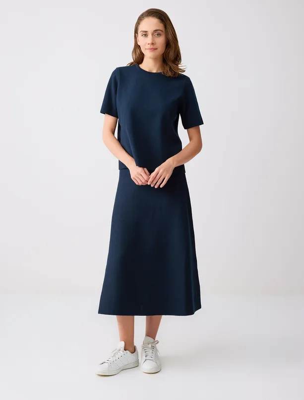 Bayan Lacivert Kısa Kollu Bisiklet Yaka Triko Bluz