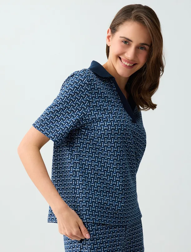 Bayan  Polo Yaka Kısa Kollu Geometrik Desenli Örme Bluz