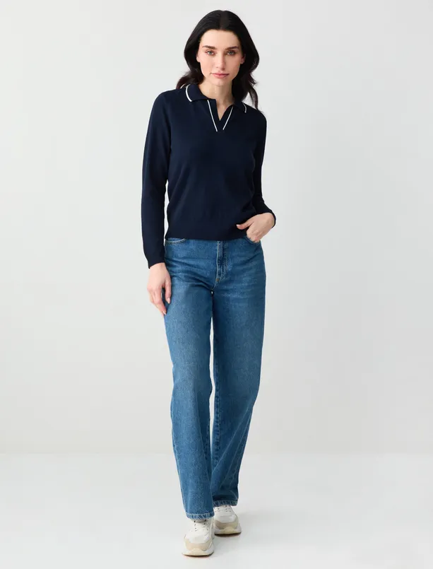 Bayan Lacivert Uzun Kollu Polo Yaka Triko Bluz