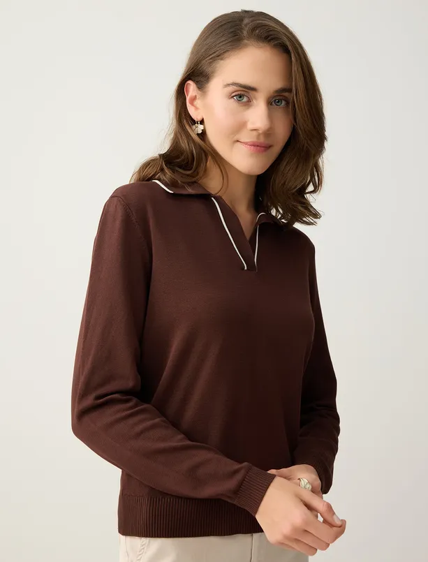 Bayan  Uzun Kollu Polo Yaka Triko Bluz