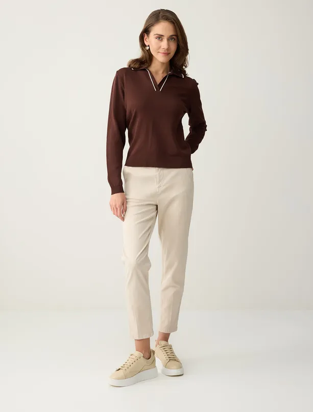 Bayan Kahverengi Uzun Kollu Polo Yaka Triko Bluz