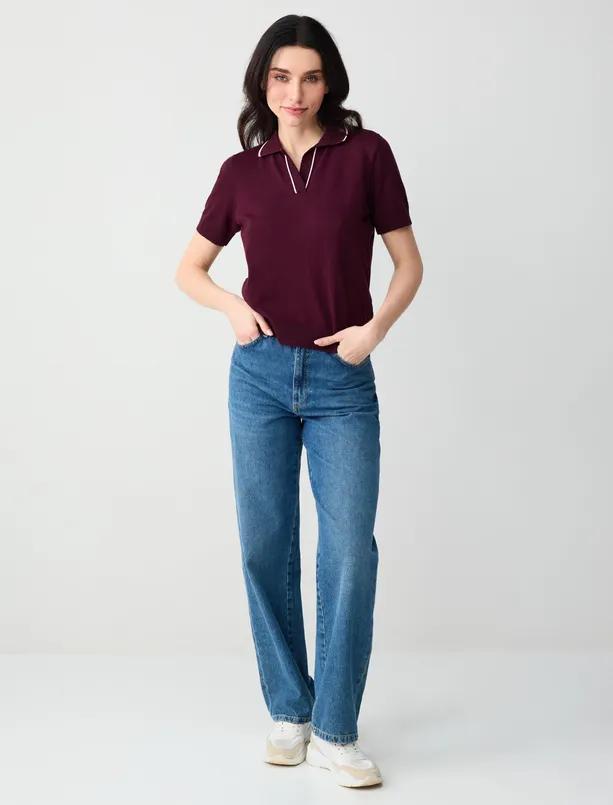 Women Claret Red V-Neck Short Sleeve Striped Sweater Blouse