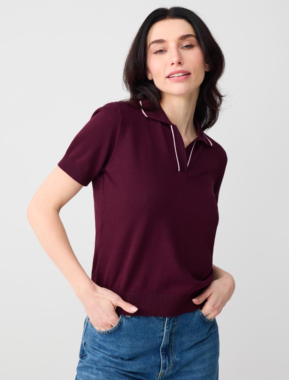 V Yaka Kısa Kollu Çizgi Detaylı Triko Bluz