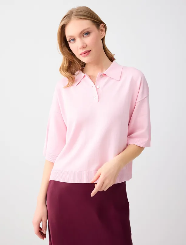 Bayan  Rahat Kesim Polo Yaka Dirsek Kol Triko Bluz