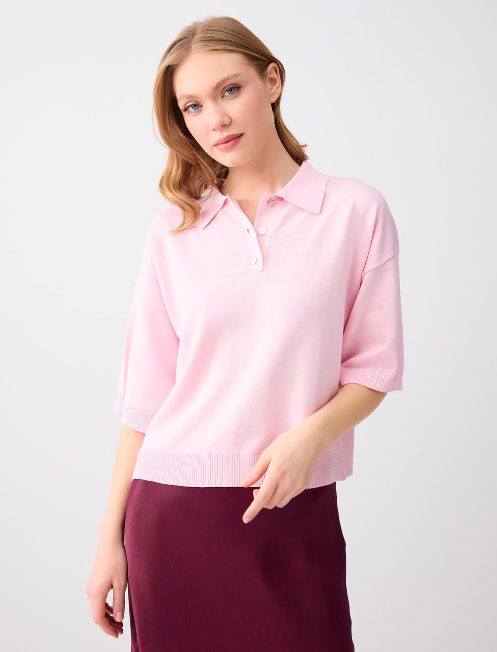 Rahat Kesim Polo Yaka Dirsek Kol Triko Bluz