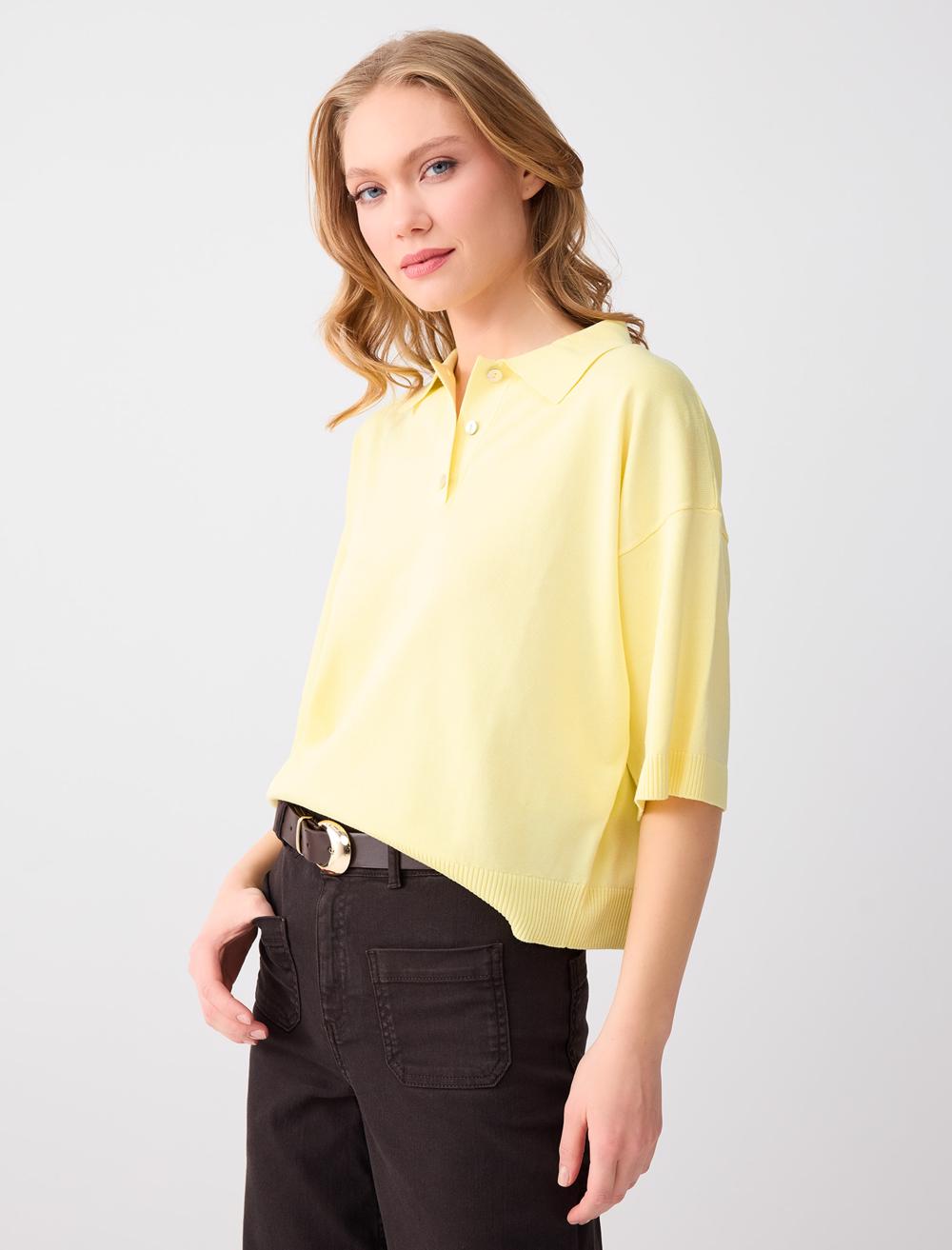 Rahat Kesim Polo Yaka Dirsek Kol Triko Bluz