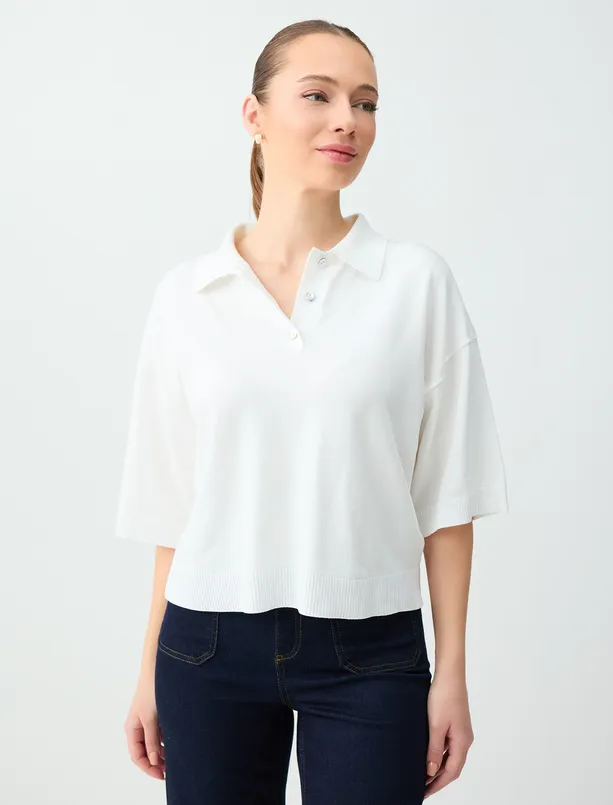 Bayan  Rahat Kesim Polo Yaka Dirsek Kol Triko Bluz