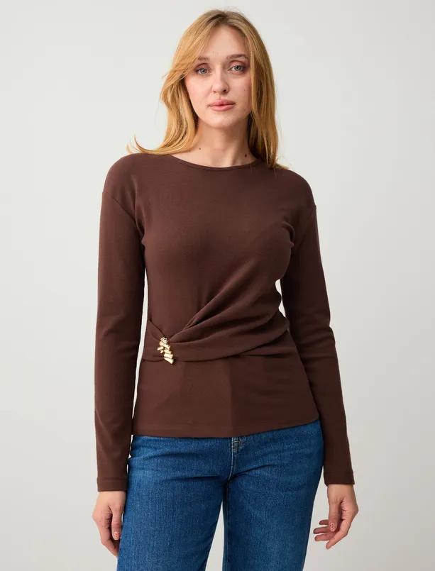 Bayan  Dar Kesim Bisiklet Yaka Beli Büzgülü Örme Bluz