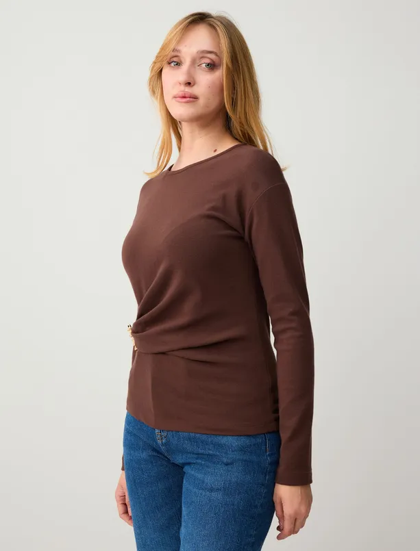 Bayan Kahverengi Dar Kesim Bisiklet Yaka Beli Büzgülü Örme Bluz