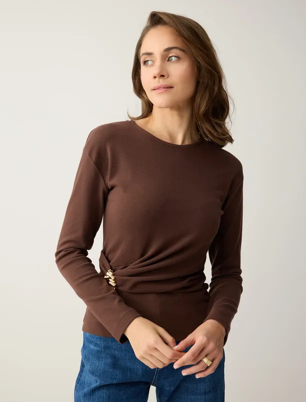 Bayan  Dar Kesim Bisiklet Yaka Beli Büzgülü Örme Bluz