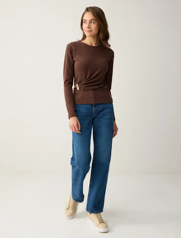 Women Brown Slim Fit Crew-Neck Shirred Knitted Blouse