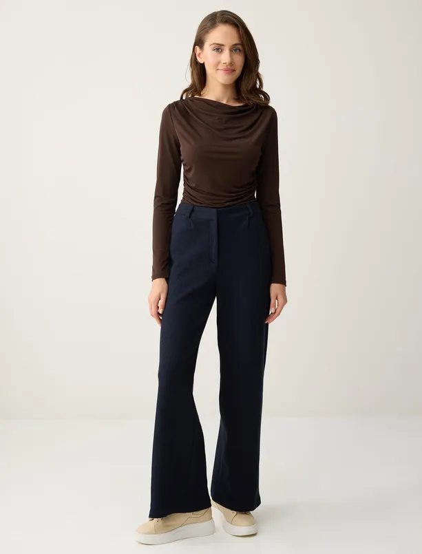 Bayan Kahverengi Degaje Yaka Uzun Kollu Dar Kesim Örme Bluz