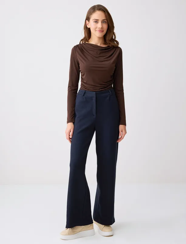 Bayan Kahverengi Degaje Yaka Uzun Kollu Dar Kesim Örme Bluz