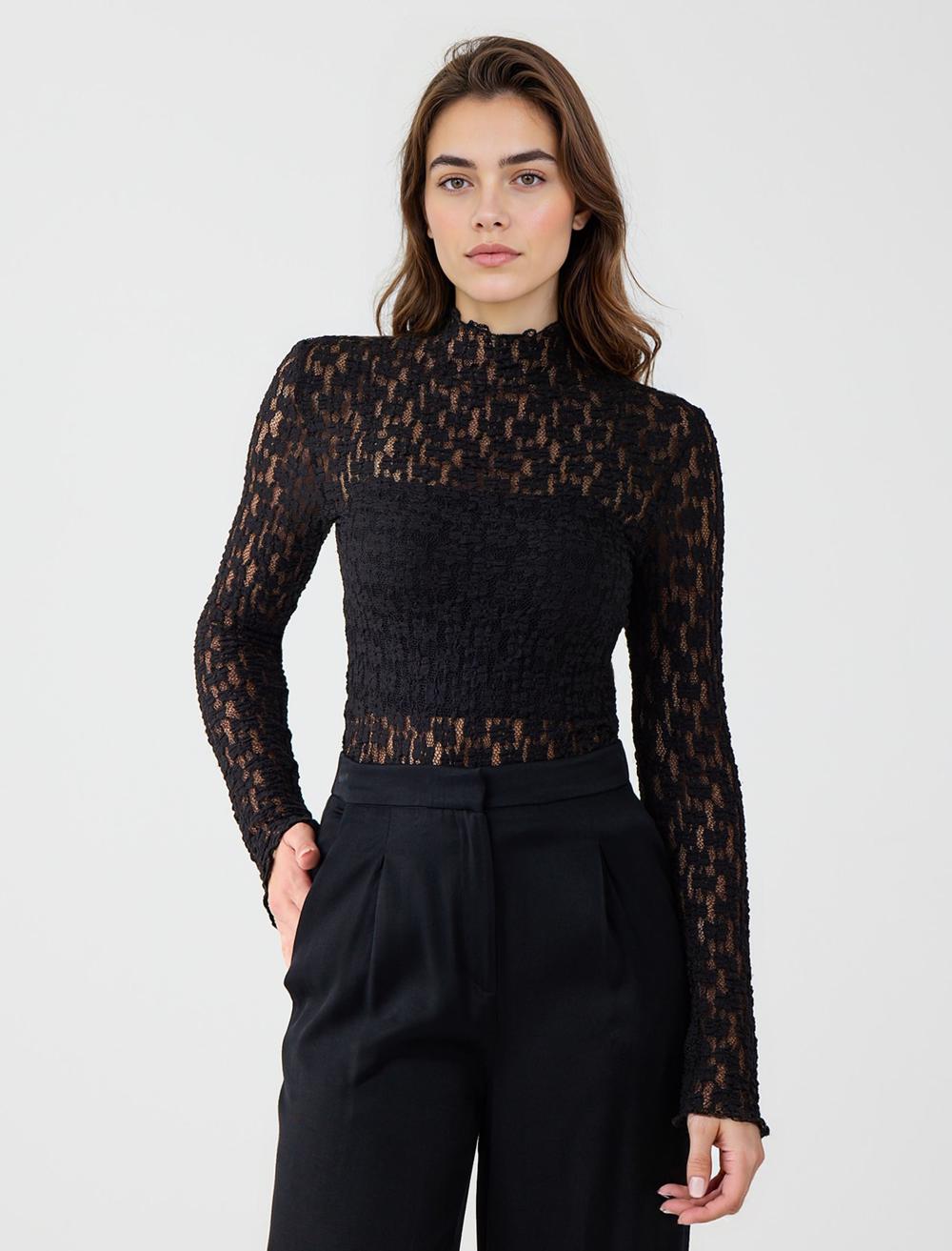 Dar Kesim Sıfır Yaka Dantelli Örme Bluz