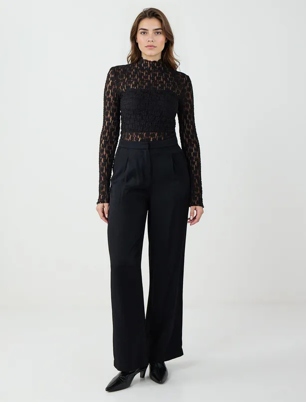 Women Black Slim Fit Zero Neck Lace Knitted Blouse