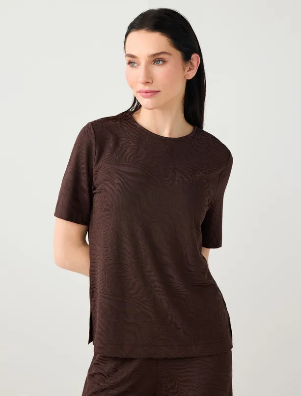 Bayan  Bisiklet Yaka Kısa Kollu Jakarlı Örme Bluz