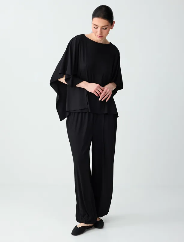 Bayan Siyah Rahat Kesim Düşük Omuz Uzun Örme Bluz