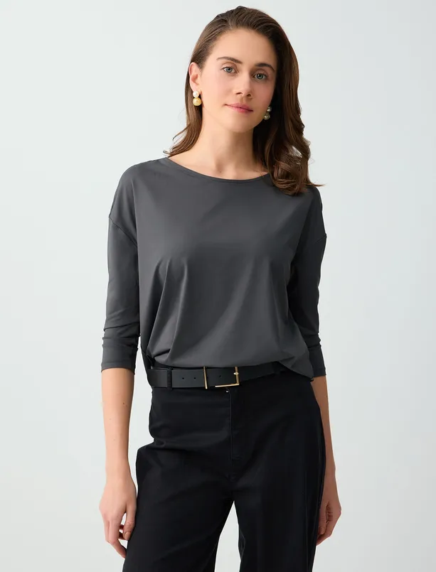 Bayan  Uzun Kollu Kayık Yaka Düz Kesim Örme Bluz