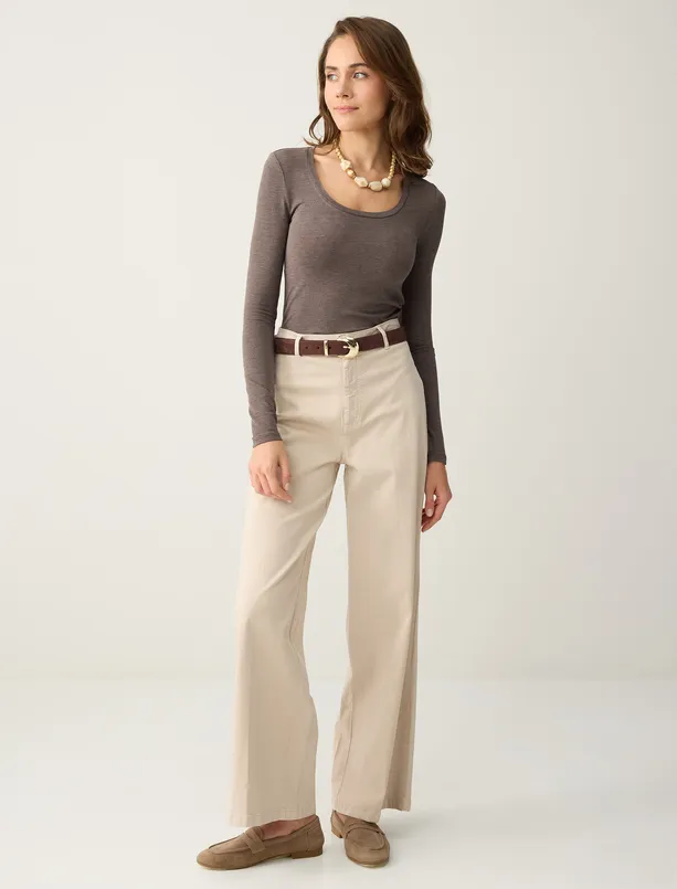 Bayan Kahverengi U Yaka Uzun Kollu Düz Kesim Örme Bluz