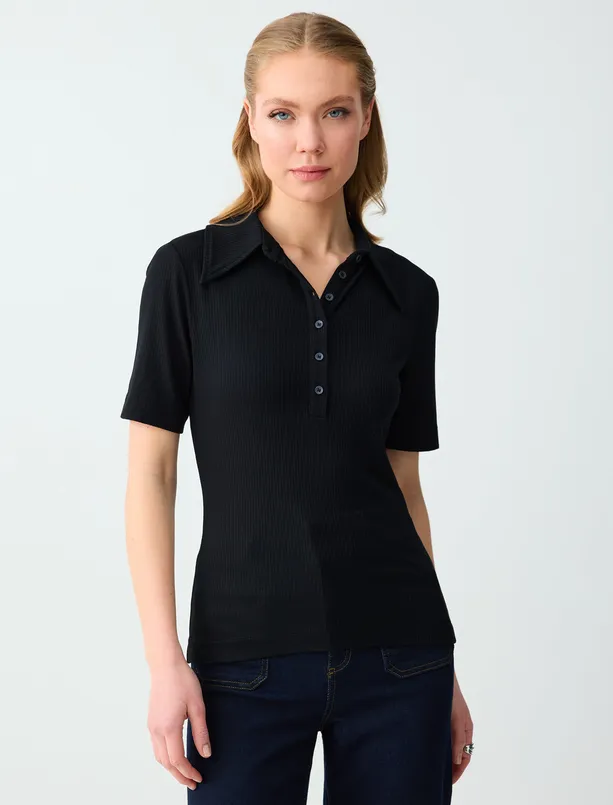 Bayan  Polo Yaka Truvakar Kol Örme Bluz