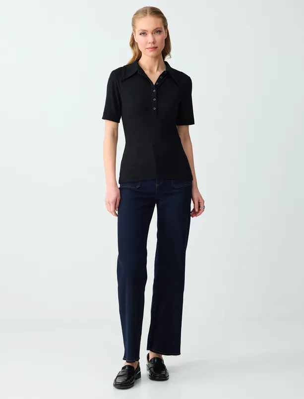 Bayan Siyah Polo Yaka Truvakar Kol Örme Bluz