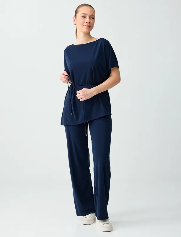 Bayan Lacivert Bisiklet Yaka Düşük Omu Beli Büzgülü Örme Bluz