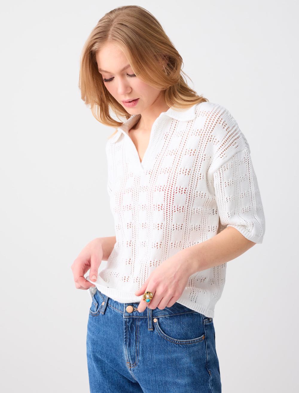 Polo Yaka Dirsek Kol Ajurlu Triko Bluz