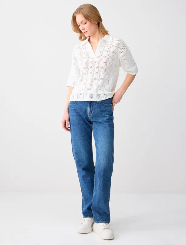 Bayan Beyaz Polo Yaka Dirsek Kol Ajurlu Triko Bluz